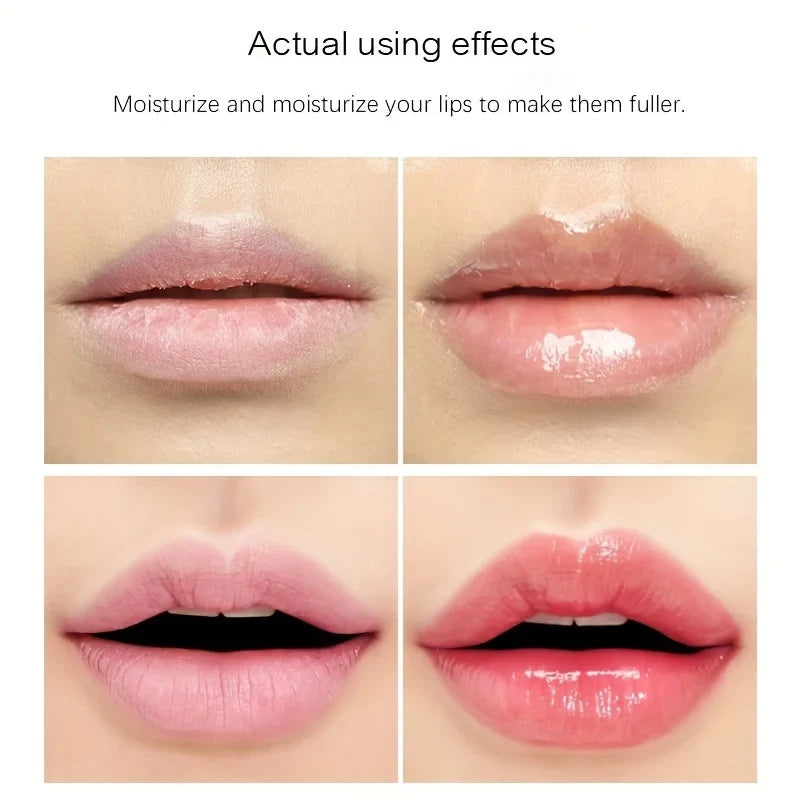 Blushimmer Extreme Volume Lip Plumping Gloss with mineral oil, showing shiny, full lips and smooth liquid makeup application.