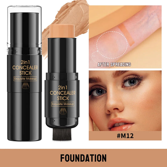 Blushimmer double-head face contour stick with light and dark shades, accompanied by a brush for makeup contouring and brightening.