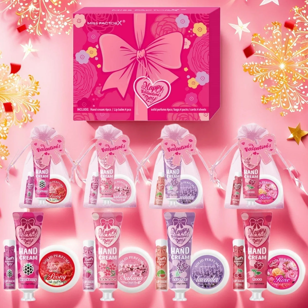 Blushimmer gift set with 20pcs, includes lip balm, hand cream, perfume, pink gift bag, bow, and thank you card.