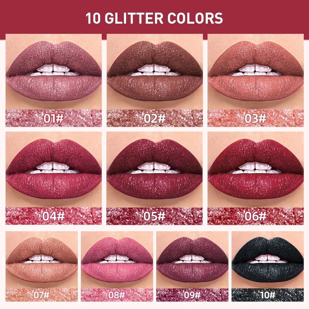 Blushimmer QIBEST 10-color matte and shiny glitter liquid lipstick with diamond finish, long-lasting waterproof lip gloss for women