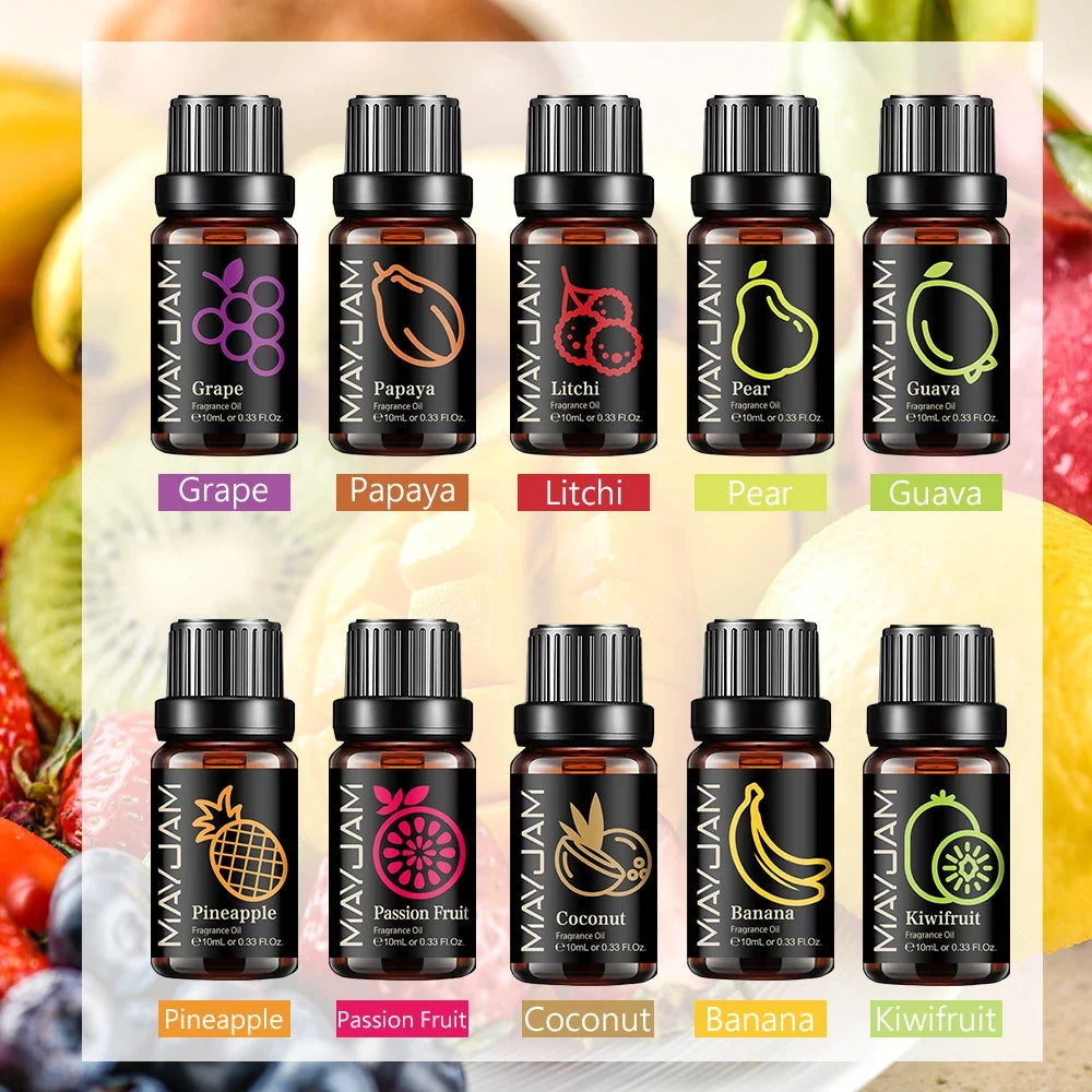 Blushimmer MAYJAM fruit essential oil bottle with cherry, banana, papaya, grape, litchi, guava, kiwifruit, pear, fig scents for diffuser and candle