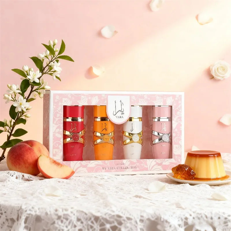 Blushimmer women’s perfume gift set with four 25ml floral, fruity, gourmand parfums featuring vanilla, musk, amber, and jasmine notes.