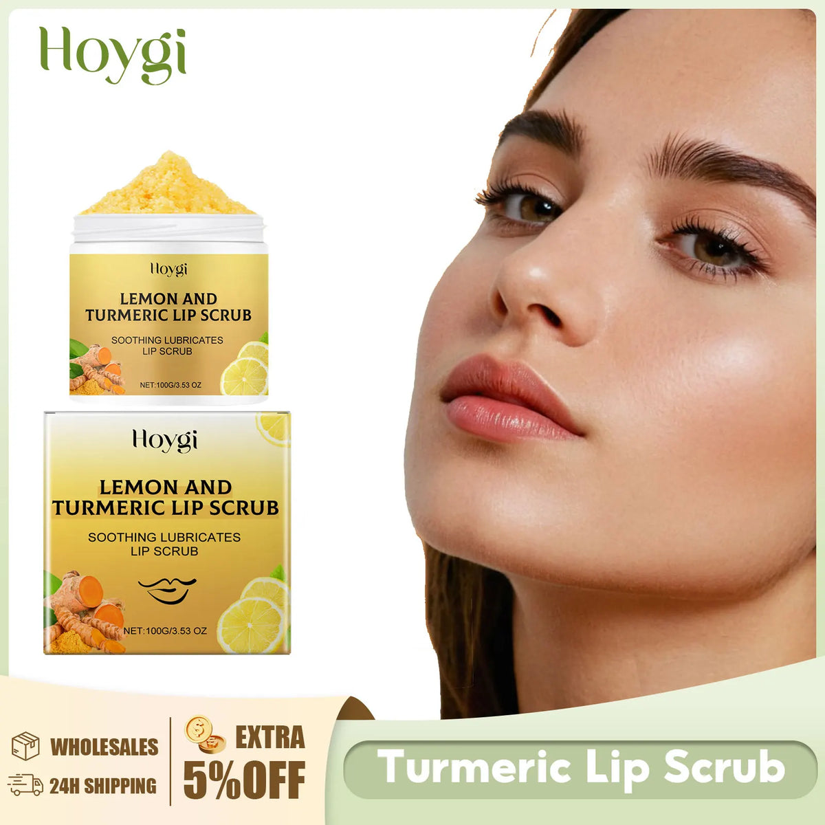 Blushimmer turmeric lip scrub with exfoliating texture, moisturizing and nourishing for smooth, chapped lips and reduced lip lines.