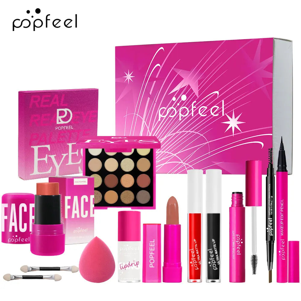 Blushimmer POPFEEL pink makeup set gift box with eyeshadow, blush, and lipstick, ideal for girls' birthdays or special occasions.
