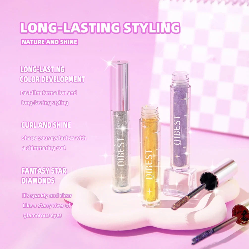 Blushimmer Diamond Mascara with shining galaxy sequins, showcasing thick, curling, glittery eyelashes on a makeup model.