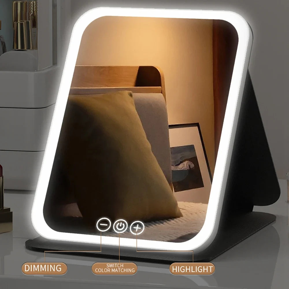 Blushimmer LED makeup mirror with touch screen, 3 color options, foldable design, rechargeable for travel and home use