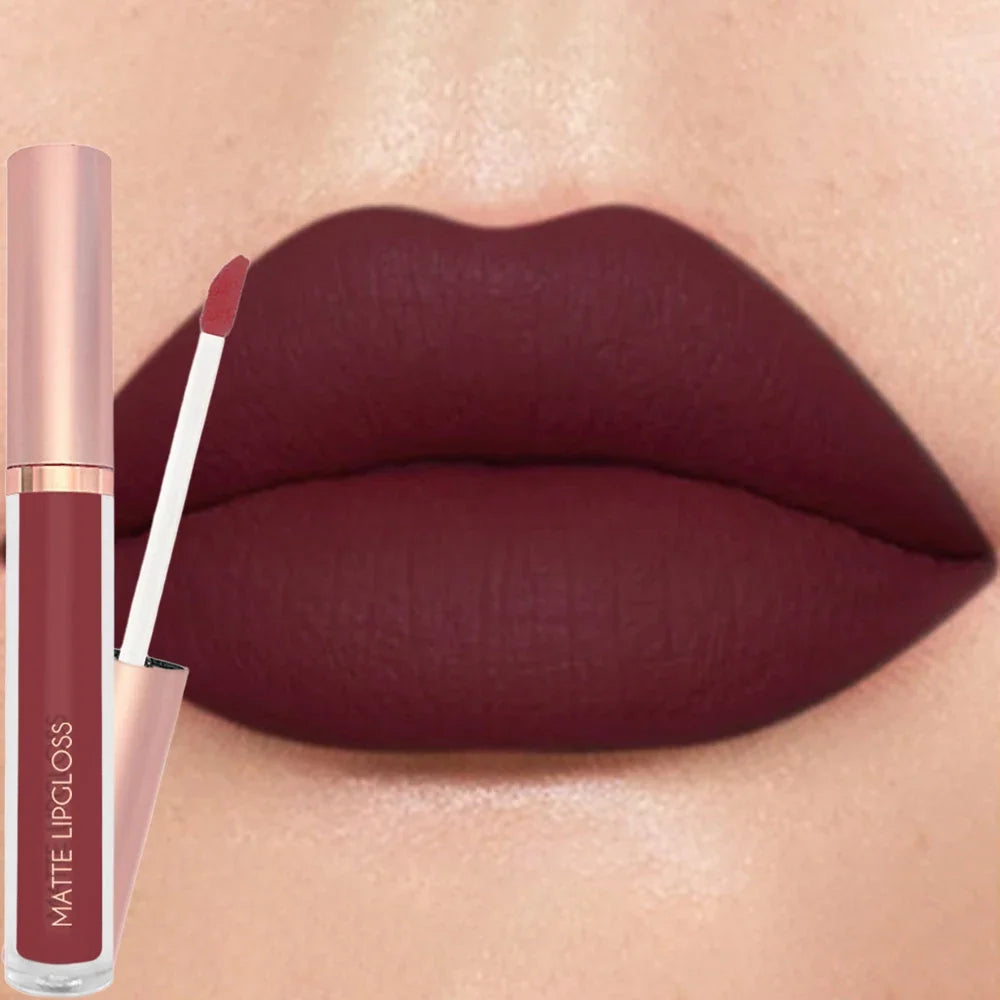 Blushimmer 12-color creamy matte lip gloss set with long-lasting, moisturizing nude, berry, and rose shades for plump, velvety lips