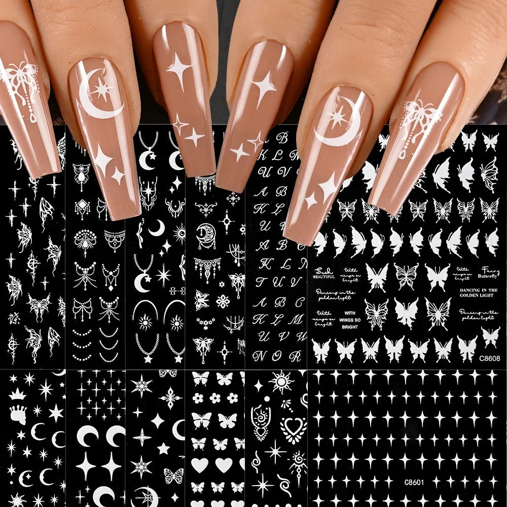 12-piece set of Blushimmer cartoon dog and cat nail art stickers with 3D graffiti design on black backgrounds, self-adhesive and decorative.