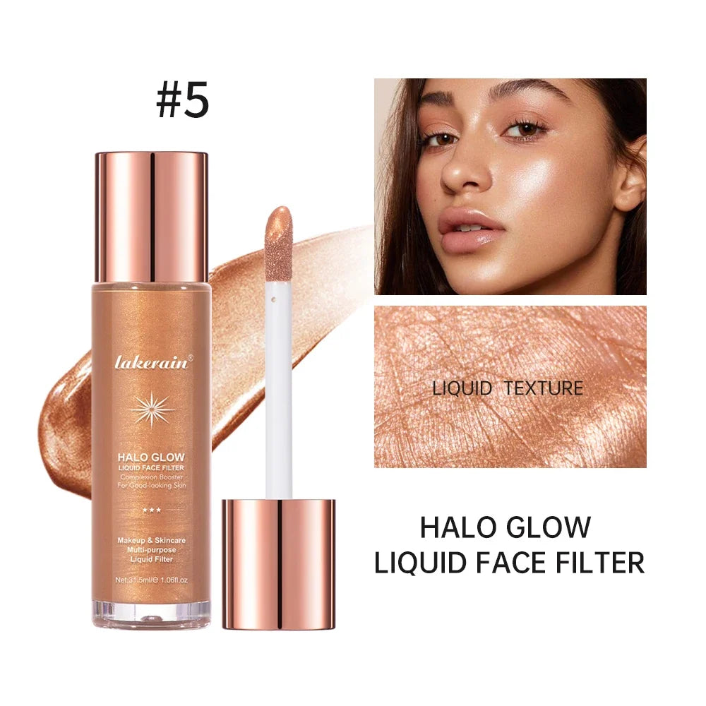 Blushimmer Halo Glow Liquid Highlighter and Contour in a pearlescent shade, for face and body glow, shimmer, and brightening.