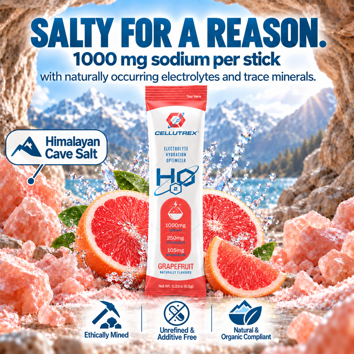 Cellutrex H2O ELECTROLYTES™ grapefruit flavored zero sugar electrolyte powder in a container with a grapefruit slice.