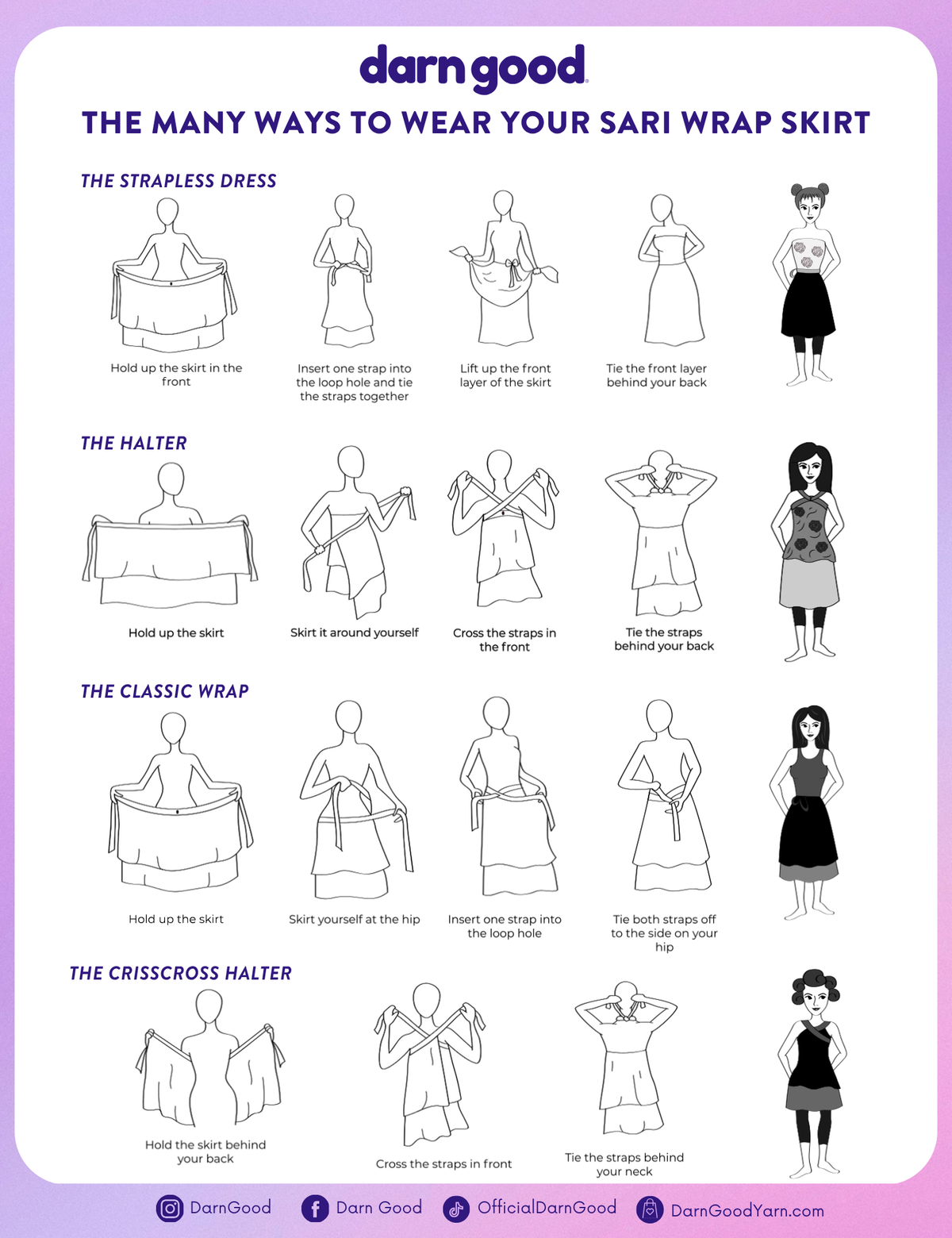 Illustration showing how to wrap the Made With Love saree wrap skirt by Darn Good Yarn, featuring step-by-step tying instructions.