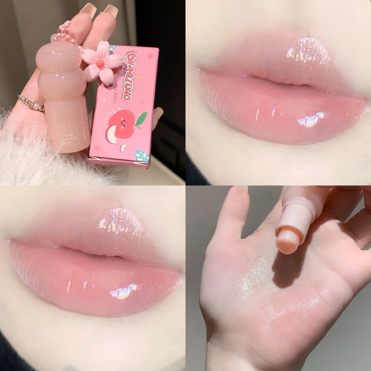 Blushimmer Crystal Strawberry Lip Balm stick with key chain, hydrating lip care, color-changing, moisturizing, and reducing lip lines.