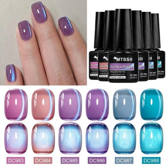 Shiny 7-piece cat-shaped magnetic gel nail polish set by Blushimmer in pink and colorful shades with magnetic rods for semi-permanent UV nails.
