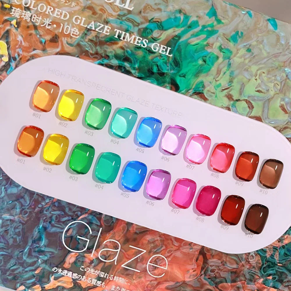 Blushimmer translucent gel nail polish set with clear, vibrant colors, LED/UV curing, 15ml bottles for gel nail art.