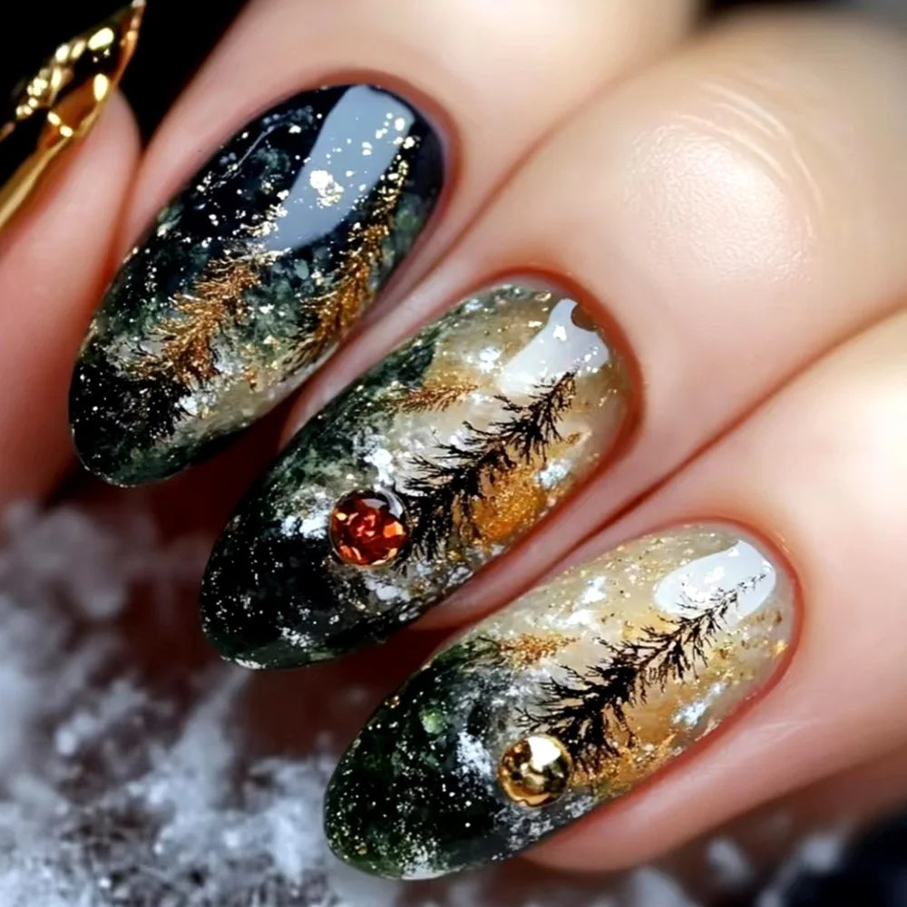 Set of 24 glossy almond false nails by Blushimmer with dark green forest mushroom pattern, gold sequins, and French style design.
