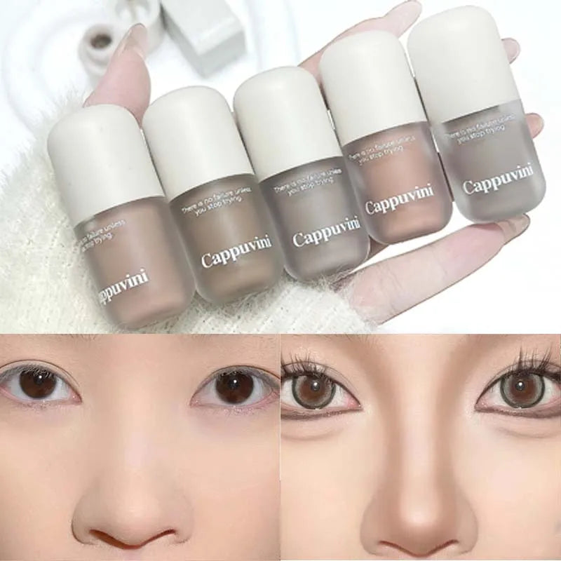 Blushimmer 3D face contouring cream with natural matte finish, featuring chocolate gray and brown shades for nose and face shading.
