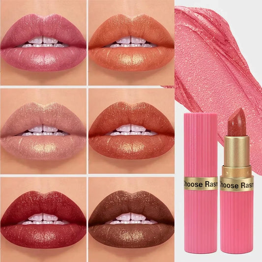 Pearlescent pink glitter velvet lipstick by LadyShow with metallic finish, waterproof long-lasting matte shimmer for women makeup.