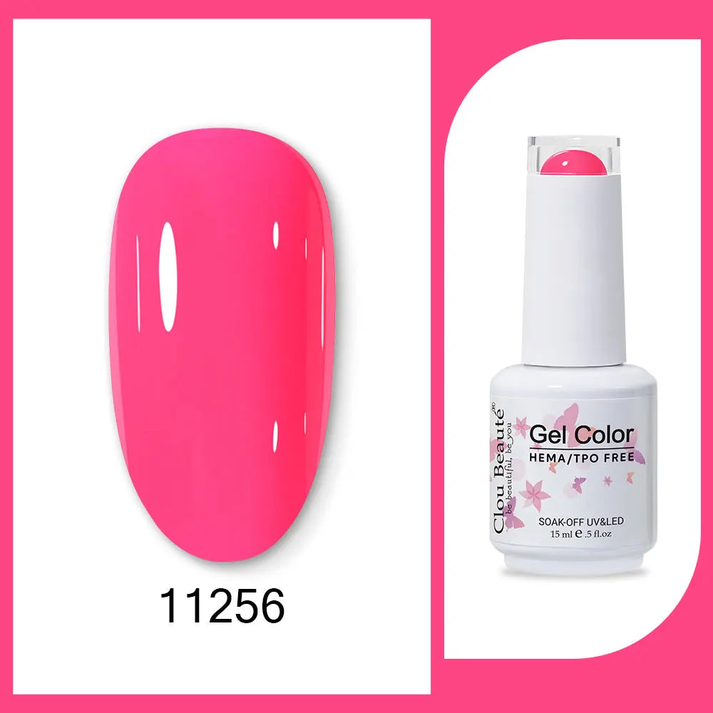 Clou Beaute 15ml neon gel nail polish base and top coat by Blushimmer, featuring vibrant red, black, white, green, and velvet textures.