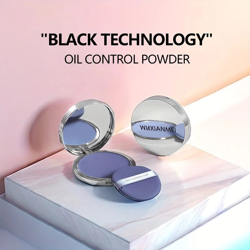 Blushimmer lavender pressed powder compact with matte finish, oil control, full coverage face setting powder for makeup.