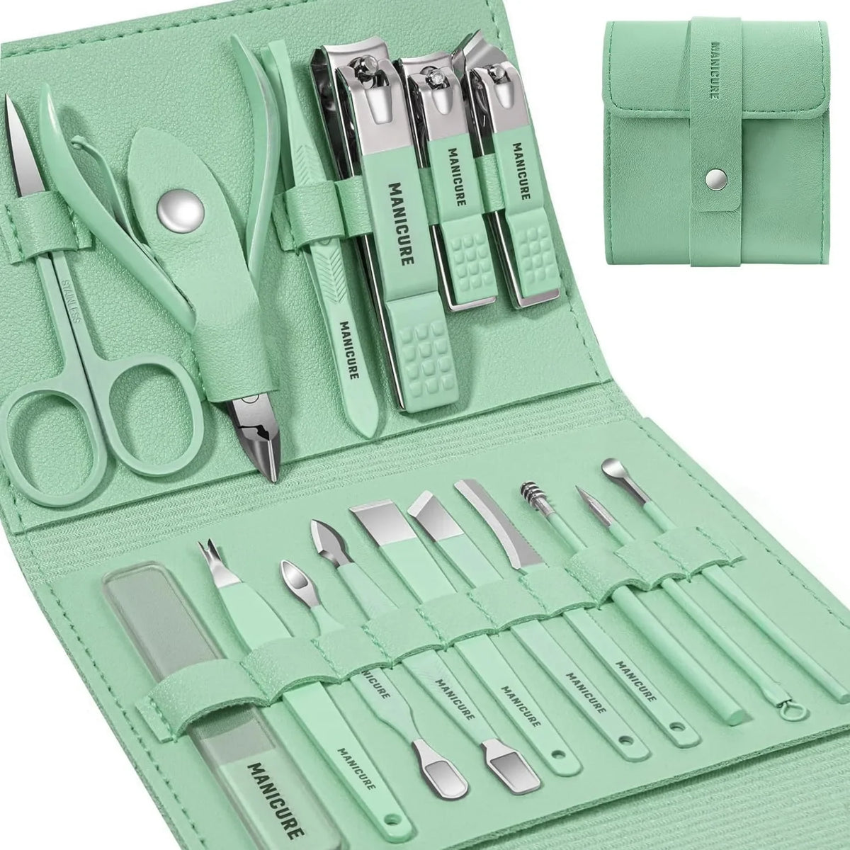 Professional 16-piece Blushimmer manicure set with stainless steel tools in a case for nail, cuticle, and callus care.