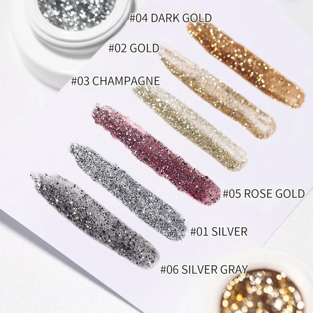Silver and gold metallic nail gel by Blushimmer with UV glitter, embossed reflective finish, perfect for professional nail art.