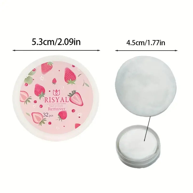 Blushimmer 32pcs strawberry nail polish remover pads, soft absorbable wipes for easy manicure and pedicure care.