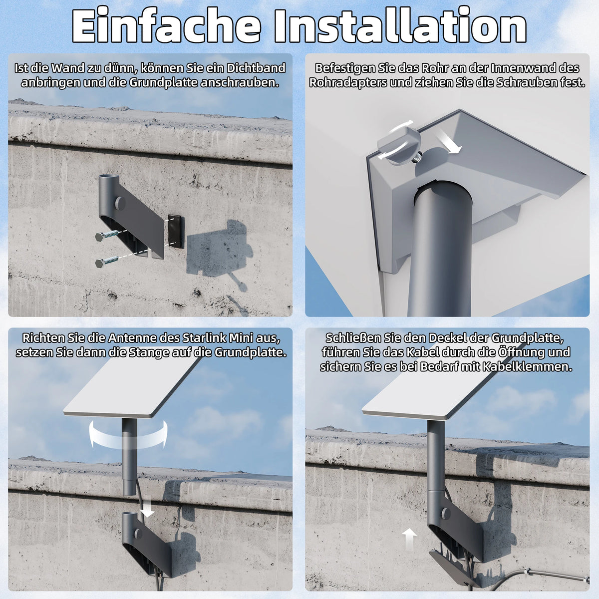 BACKUPMYFILESNOW® Starlink Mini Wall Mount Bracket, rustproof and weatherproof, adjustable for wall, roof, or pole mounting.