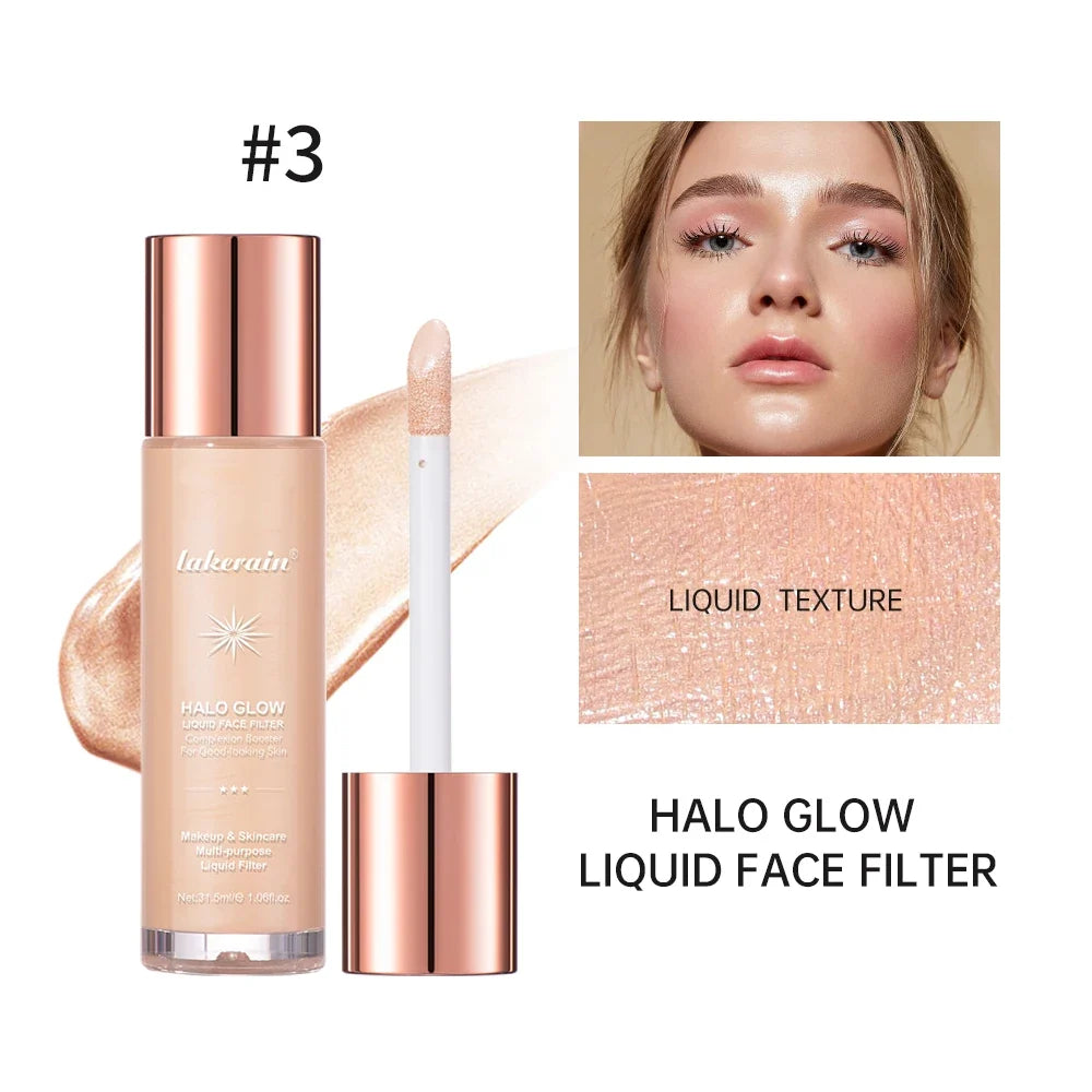 Blushimmer Halo Glow Liquid Highlighter with pearlescent finish for face and body contouring and shimmering makeup glow.