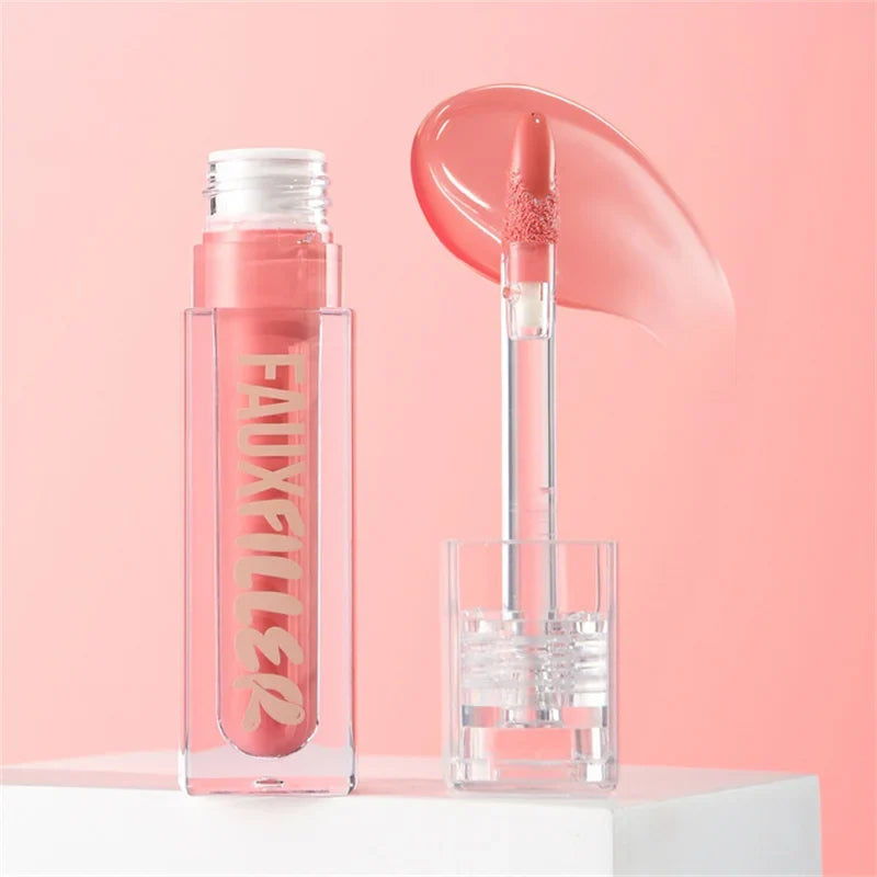 Huda Beauty Blush Filter Soft Glow Liquid Blush with shiny lip gloss in cotton candy bubblegum shade, featuring blusher and lipstick products.