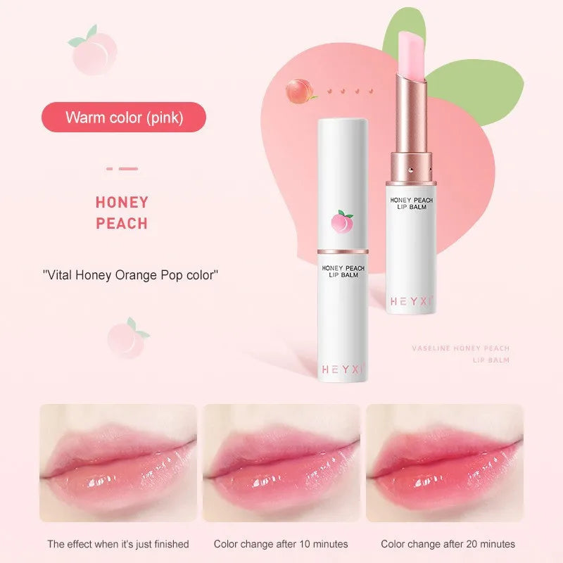 Blushimmer Honey Peach Lip Balm showing natural peach-colored, moisturizing, nourishing lips with a subtle glossy finish.