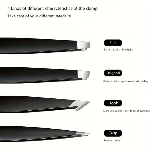 Blushimmer 4-piece stainless steel eyebrow tweezers set for eyebrows, eyelashes, and beard grooming, ideal for precise hair removal.