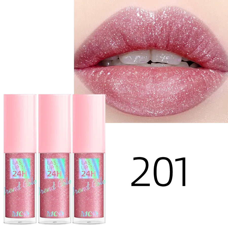 Blushimmer 18-color glitter lip gloss featuring long-lasting, waterproof liquid lipstick, lip oil, tint, and moisturizing lip balm.