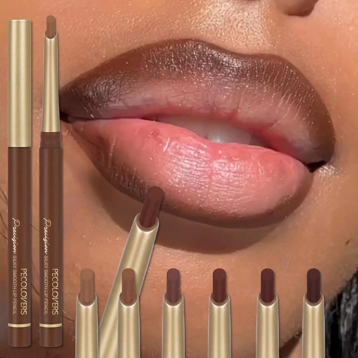 Blushimmer matte 6-color lip liner pencils with bevel design, nude and brown shades, perfect for natural lip contouring and lasting makeup.