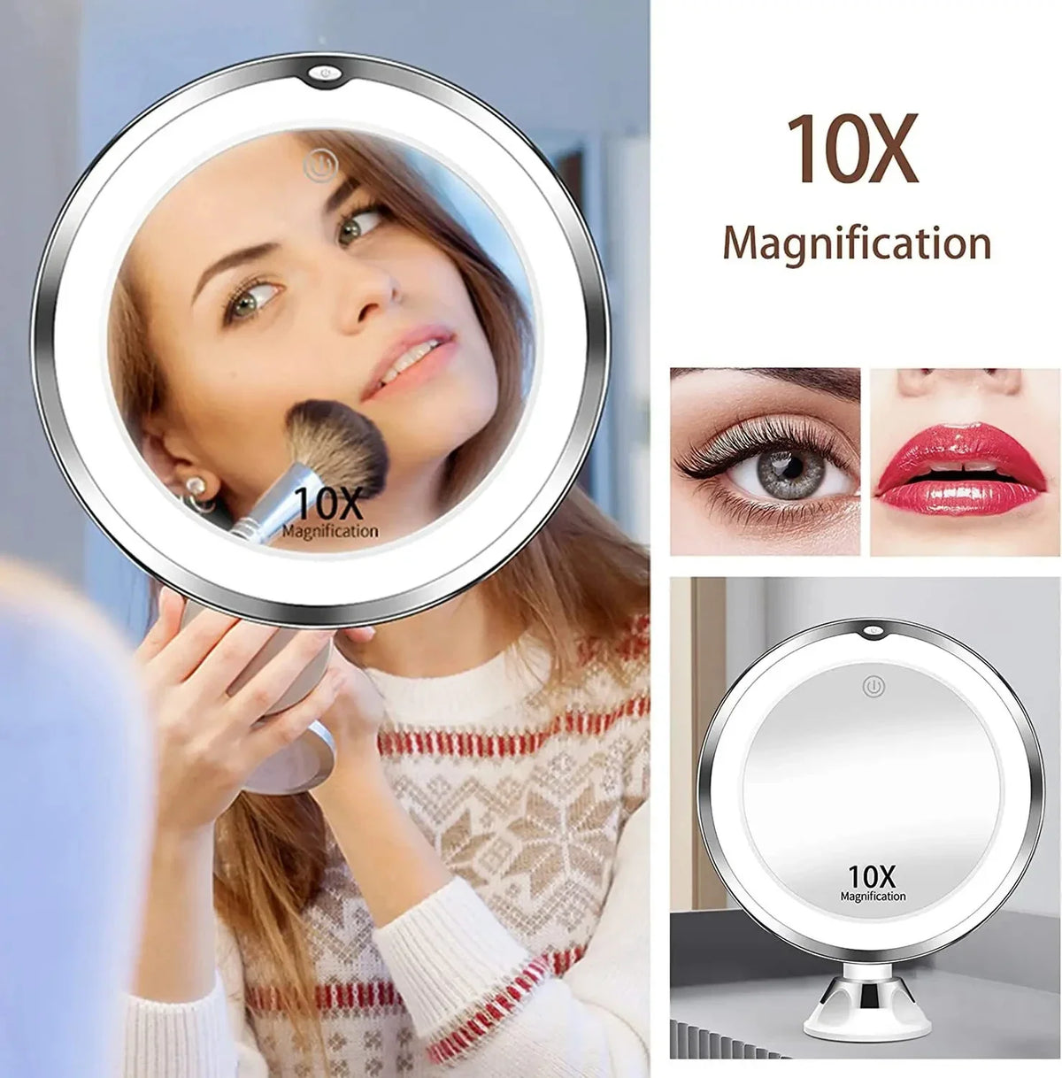 Blushimmer flexible 10x magnifying vanity mirror with LED lights, touch screen, portable design, and suction cup for makeup and dressing.
