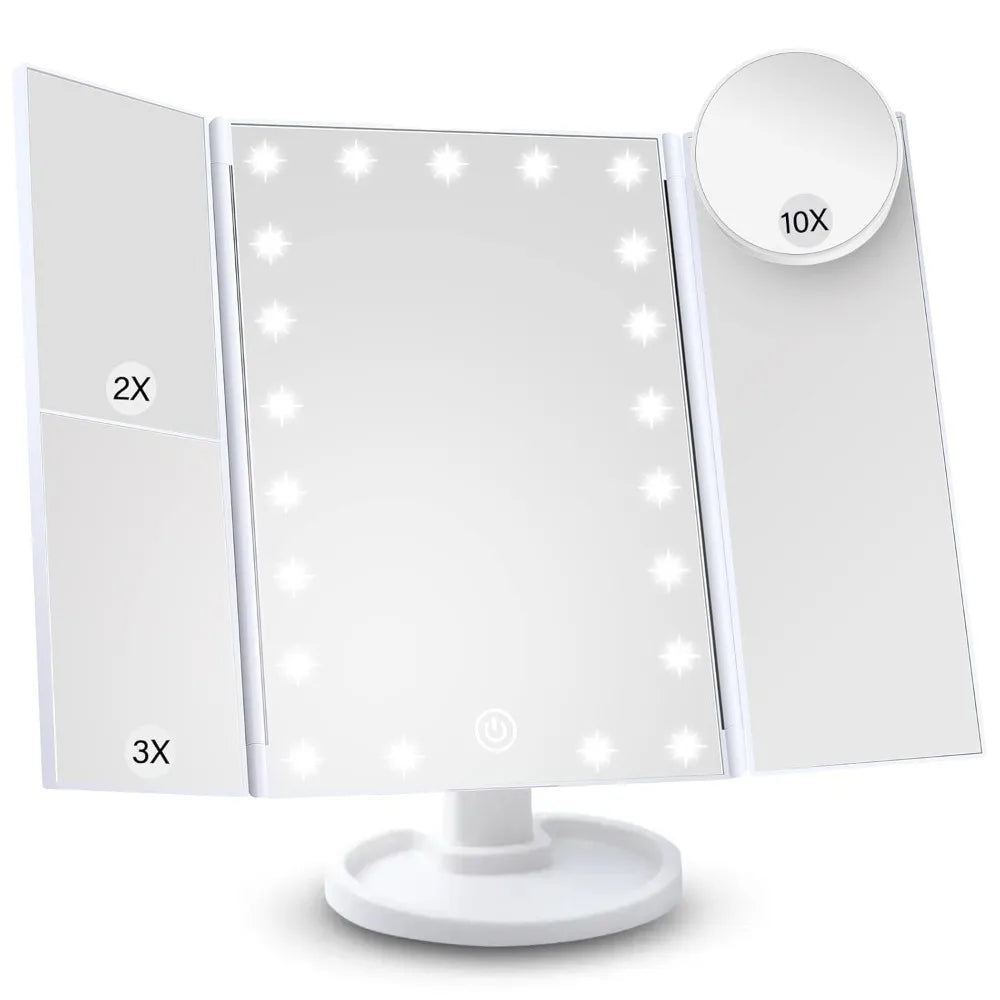 Blushimmer vanity makeup mirror with LED lights, 2X/3X/10X magnification, touch control, portable tri-fold design, dual power.