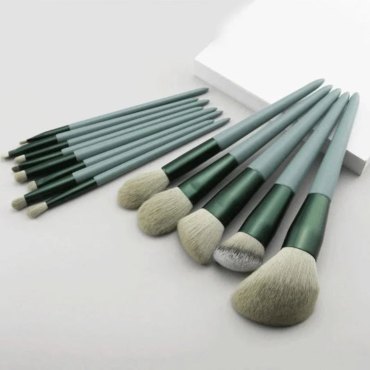 Set of 13 Blushimmer makeup brushes including eye shadow, foundation, and blush brushes with soft bristles and a carrying bag.