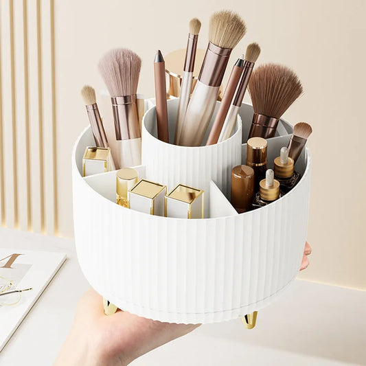 Blushimmer 360 rotating makeup organizer with large capacity for lipstick, brushes, and pens, ideal for bathroom storage.
