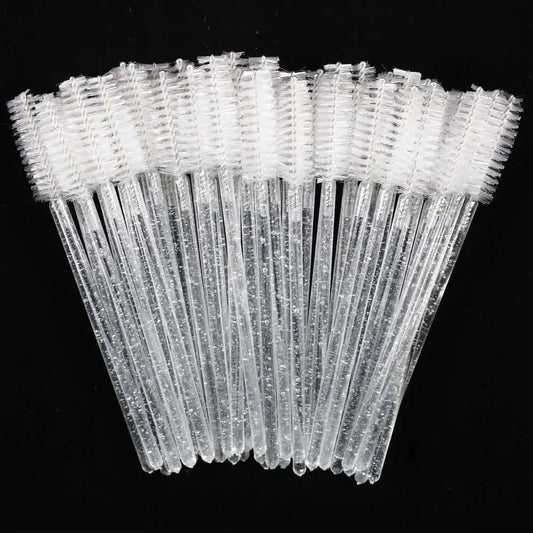 Set of 50 disposable crystal eyelash brushes with diamond handles and mascara wands for eyebrow and lash extensions by Blushimmer