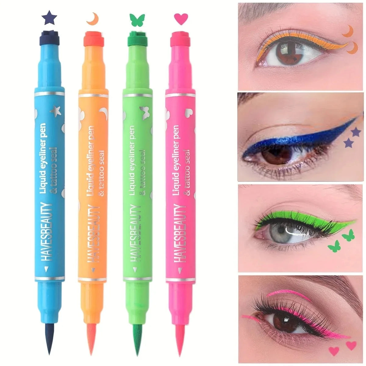 Blushimmer double-head liquid eyeliner set with four styles, featuring waterproof gel felt tip liners with star, heart, moon, butterfly designs.