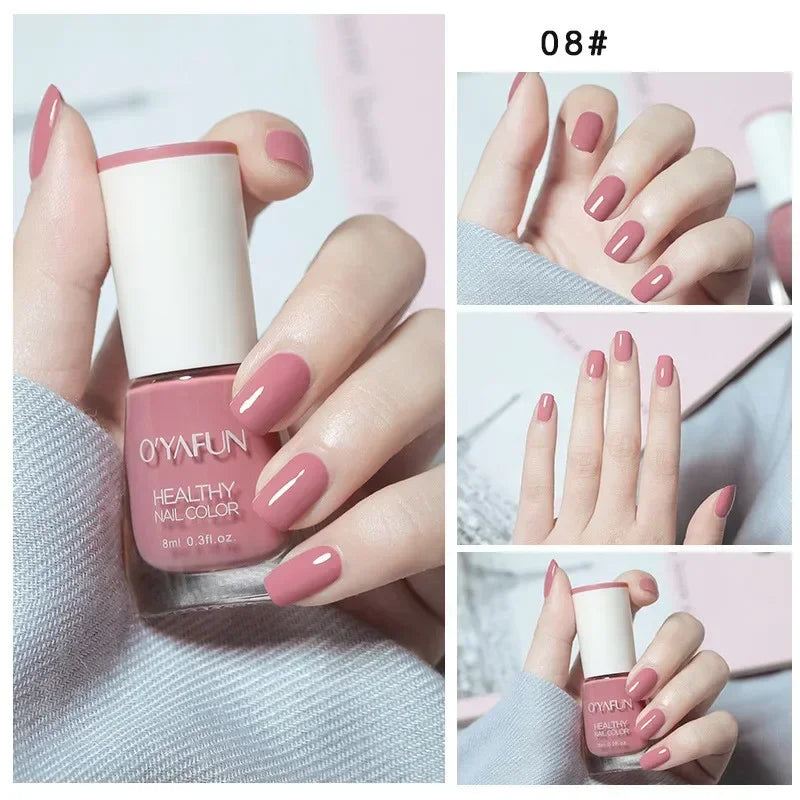Blushimmer 8ml matte waterproof no-bake nail polish with glitter sequins, quick-dry UV varnish, shown on nail with tearable finish.