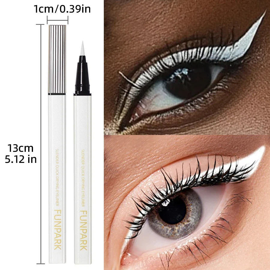 White liquid eyeliner pen by Blushimmer featuring matte finish, waterproof formula, and long-lasting design for precise eye definition.