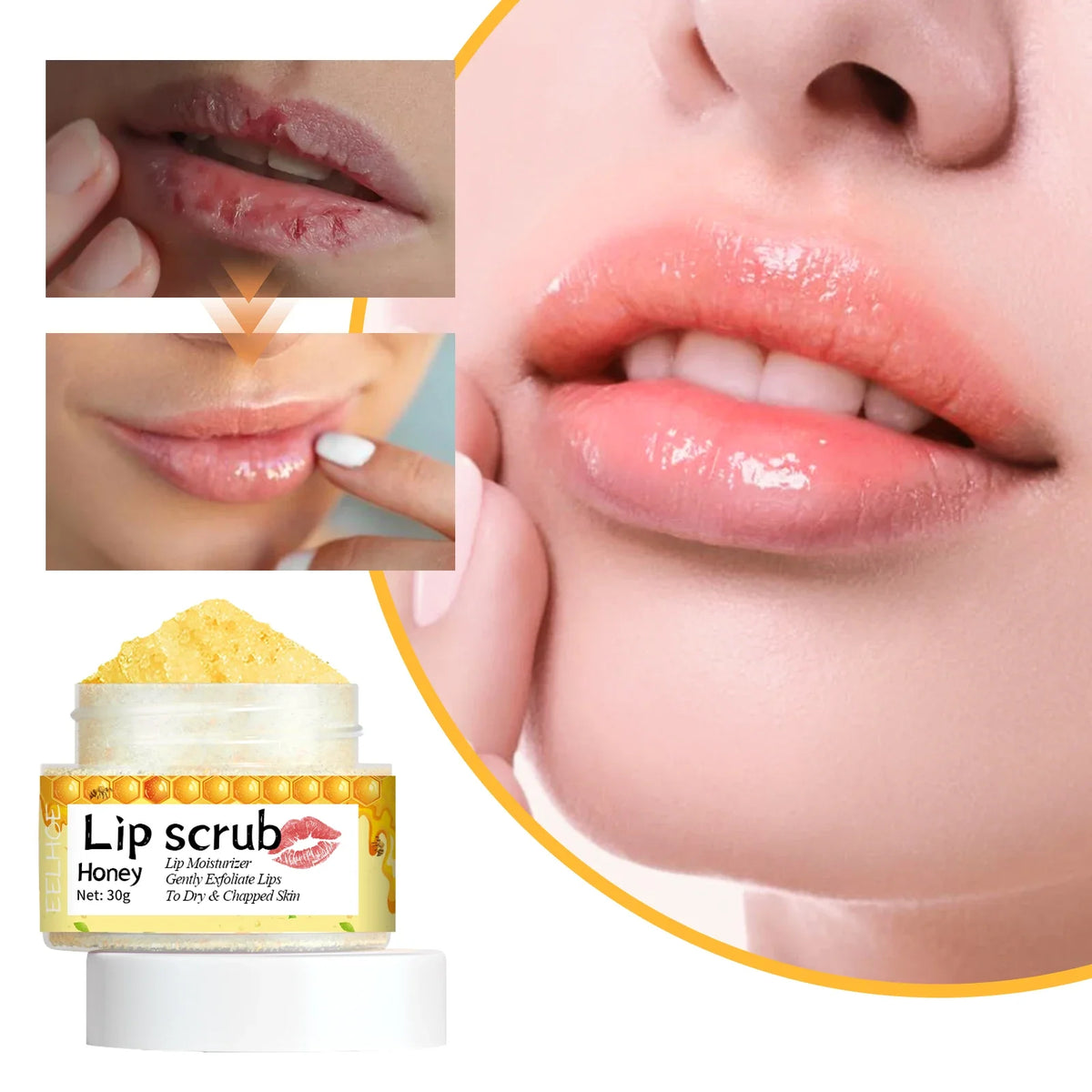 Pink lips scrub by Blushimmer with exfoliating texture, moisturizing formula, and lightening properties for smooth, hydrated lips.