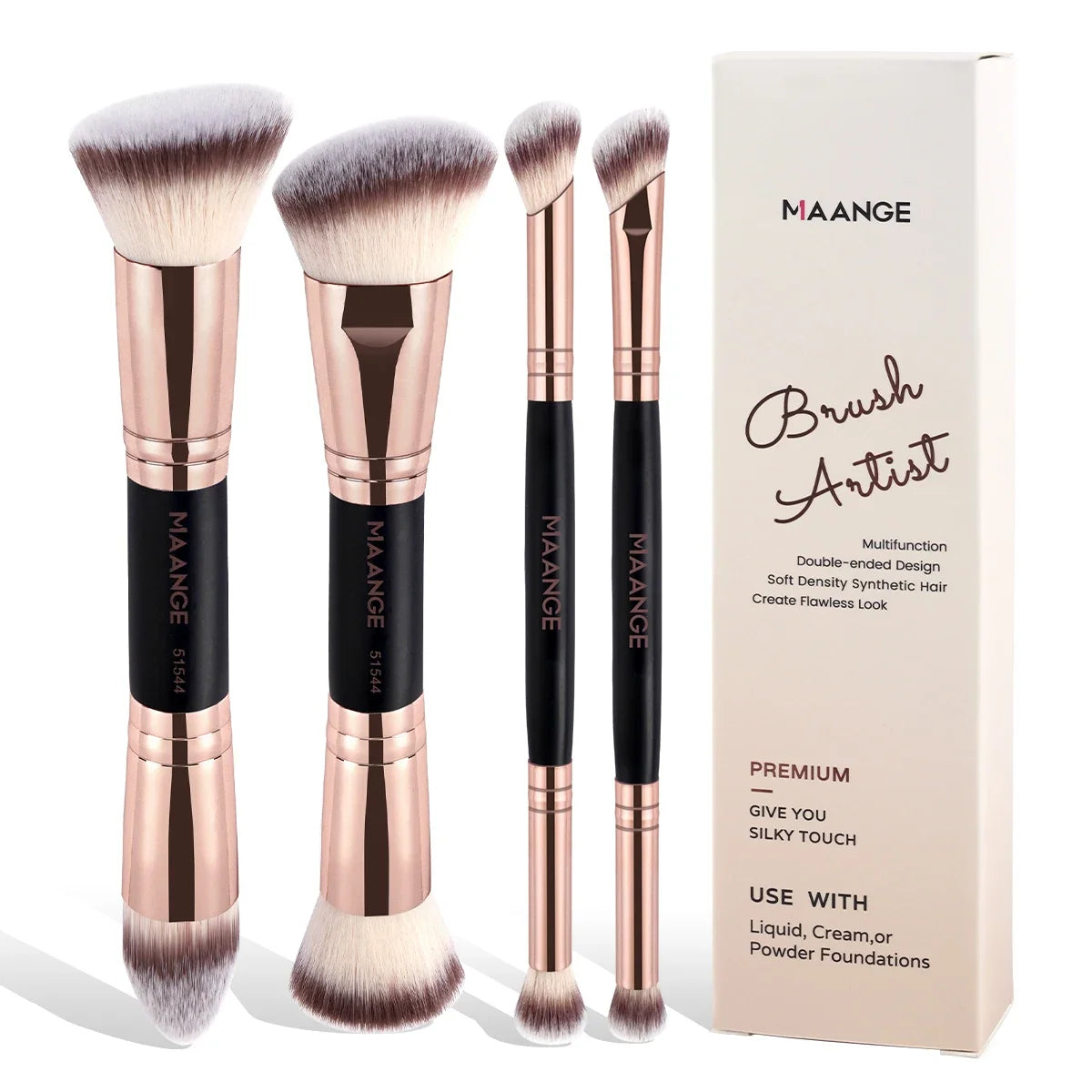 Set of four Blushimmer basic makeup brushes with dual-ended foundation, powder, blush, and eyeshadow tools in a box.
