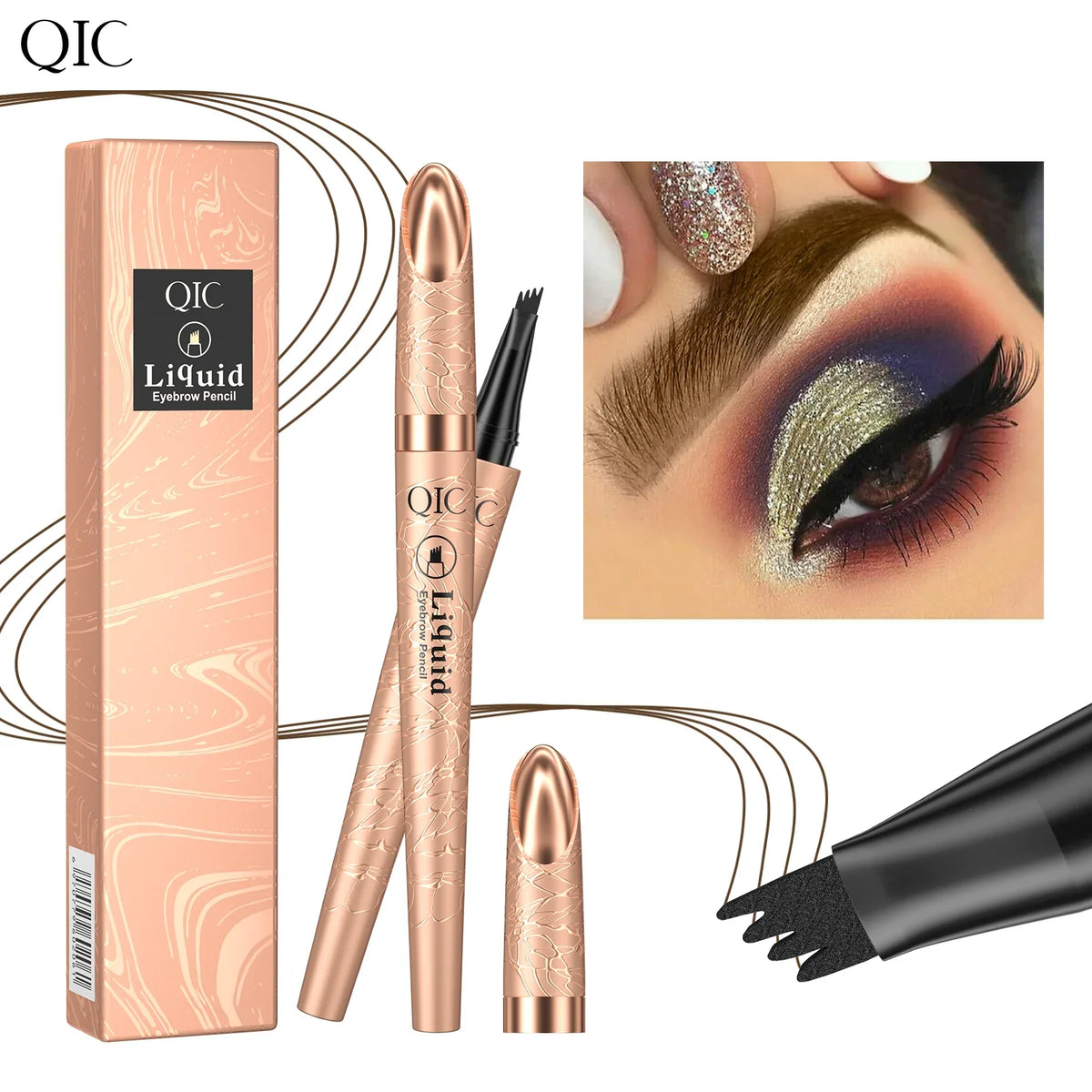 Close-up of Blushimmer waterproof liquid eyebrow pencil with a 4-tip microblade design for natural, long-lasting brow enhancement.