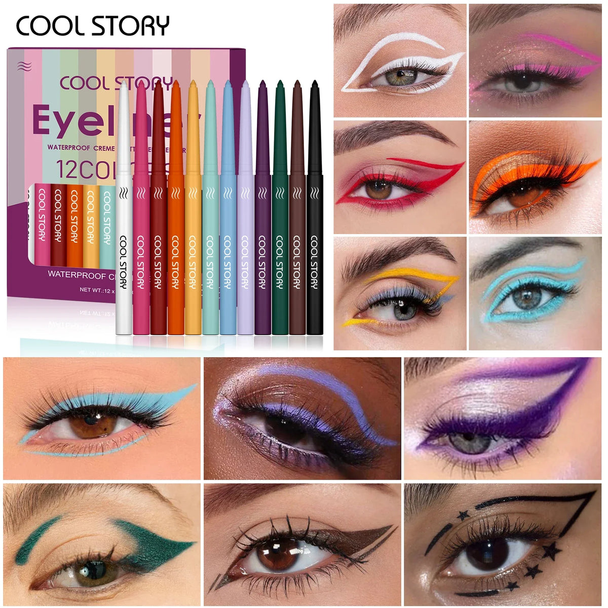 Blushimmer COOL STORY 12-color matte eyeliner gel pencil set with creamy, waterproof, and silky smooth eyeshadow sticks.