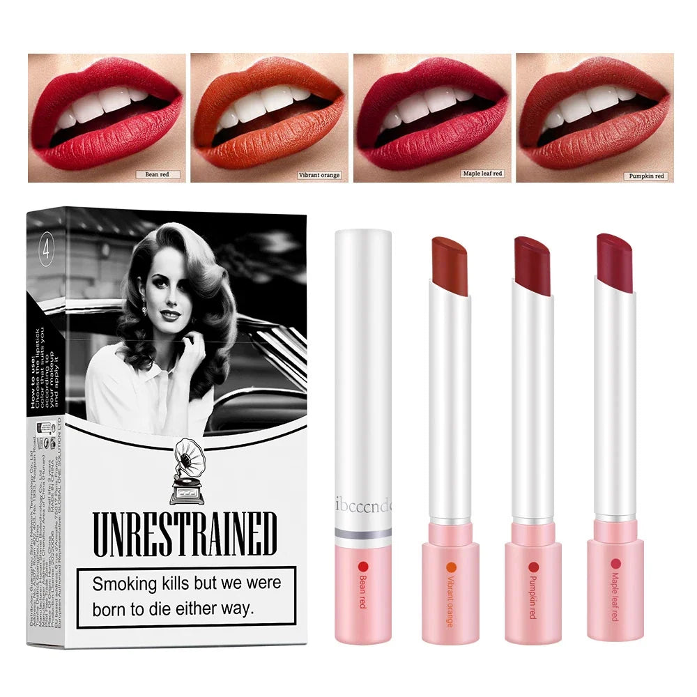 Blushimmer cigarette lip gloss set with four colors, velvet matte finish, waterproof, long-lasting, non-stick lipstick for women.