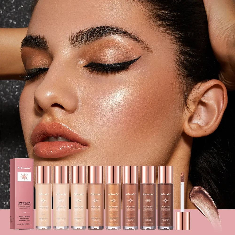 Blushimmer Halo Glow Liquid Highlighter, pearlescent face and body contouring makeup with shimmer for a radiant glow.