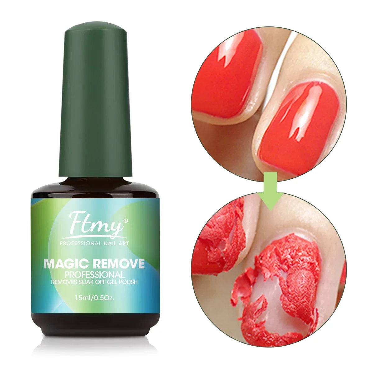 Blushimmer gel nail polish remover bottle, quick 2-3 minute formula, no foil or soaking needed, gentle on skin, no irritating odor.