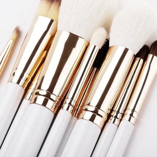 Blushimmer 10-piece wool makeup brush set with wood handles, includes powder and face brushes for professional salon and home use.