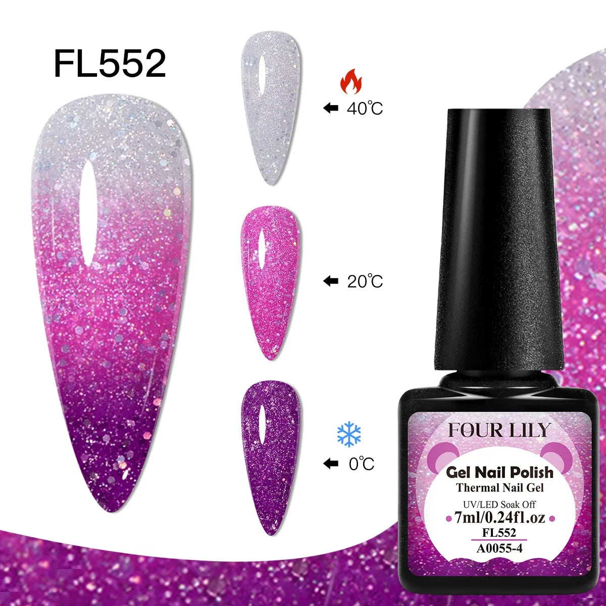 Four Lily Blushimmer thermal nail gel polish bottles in three color-changing shades for UV/LED manicure designs.